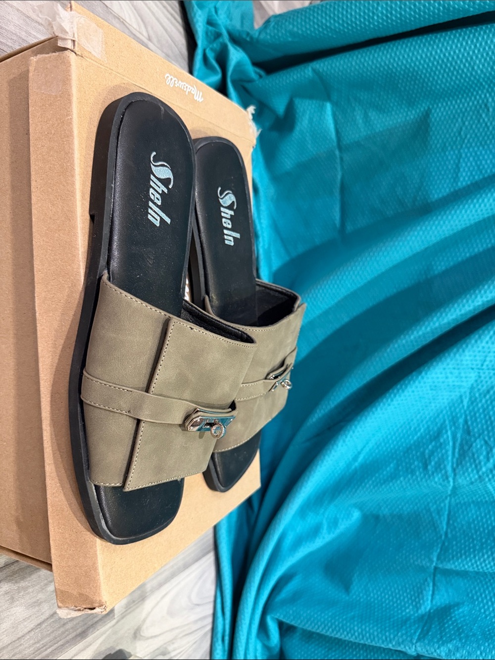Shein Olive Green Slide Mules With Silver Buckle View 2